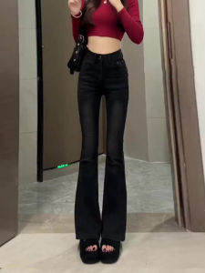 Retro High เอว Micro Flared กางเกงยีนส์ ผู้หญิง ฤดูใบไม้ร่วง สไตล์ใหม่ขนาดเล็ก High Street Drapey ความยาวพื้น พรางหุ่น เดนิม