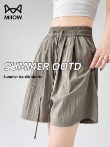 Miiow | MiiOW Ice Silk Yamamoto Womens Short Pants Summer 2024 New Wide Leg High Waist Draped Quick Dry Casual Trousers