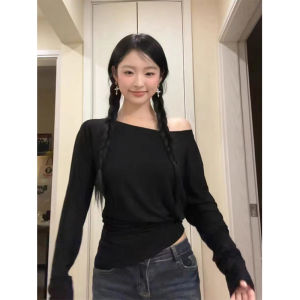 Slim Fit Shoulder Bared Long Sleeve T Shirt Women Early Autumn Base Layer Thinming Black INS Commute Korean Style Pure Color