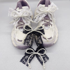 2PCS Lace Artificial Faux Pearl Bowtie Sneaker Shoelaces Charms DIY Accessories Removable Shoe Lace Buckle Decorations Shoe Clip