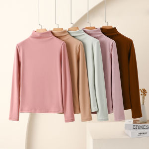 Warm Fleece Lined High Collar Long Sleeve Base Layer Shirt Casual Brushed Womens Top Comfortable Inner Wear Slim Fit T-Shirt