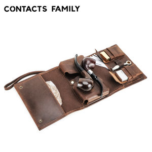 CONTACTS Genuine Leather Pipe Storage Bag for Men Daily Trifold Mens Handbag Portable Travel Bags Large Capacity Pounch
