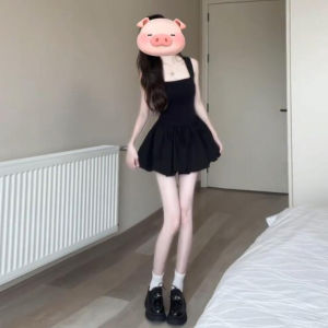 CHANGTONG | Elegant Hepburn Style Black Dress French Chic Strap Design Waist Cinched Flared Skirt Short Length Solid Color Spring Summer