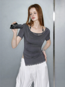 Unifree | Cooling Off-Shoulder Irregular Spliced Short Sleeve T-Shirt