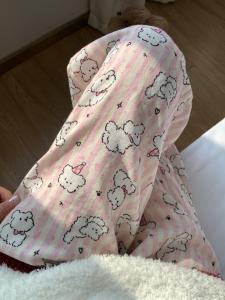 กางเกงลำลองผู้หญิงลายทางสีชมพูลายสุนัขบางหลวมๆ กางเกงขายาวทรงหลวมสบายๆ สไตล์เกาหลี ใส่ไปทำงานได้ ดูดซับความชื้น