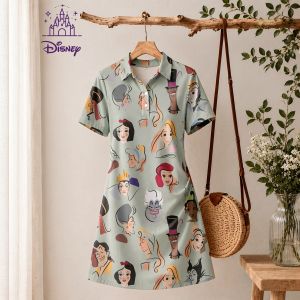 Disney | Streetwear Womens Disney Princess Print Polo Collar Mini Dress Short Sleeve New Beach Clothes A-line Summer Dresses for Woman