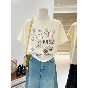Summer New Style Korean Loose Womens T-shirt Cartoon Dog Print Apricot Short Sleeve Casual Fashion Shoulder Line Top