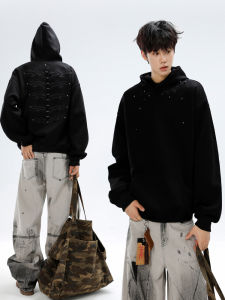 เสื้อฮู้ดคอตตอนผสมสไตล์อเมริกันย้อนยุคพร้อมกระดูกสันหลังปักโลหะสำหรับผู้ชาย ฤดูใบไม้ผลิและฤดูใบไม้ร่วง ลำลอง คู่รัก เสื้อตัวบนเทรนด์