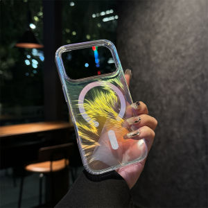Laser Gradient Feather Magnetic Case For iPhone 17 16 15 14 13 12 Pro Max Plus Air For Magsafe Wireless Charge Shockproof Cover