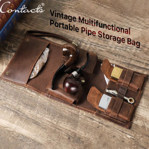 CONTACTS Genuine Leather Pipe Storage Bag for Men Daily Trifold Mens Handbag Portable Travel Bags Large Capacity Pounch
