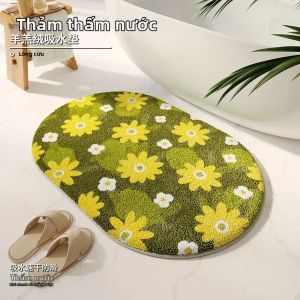 Thảm Tắm Hình Bầu Dục VIKAMA Lông Cừu Màu Xanh Lục Thiết Kế Hoa Trắng Mềm Mại Chống Trượt Thảm Khô Nhanh Cho Phòng Tắm Và Trang Trí Phòng Ngủ