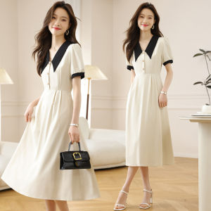 The Ultimate Guide to the Impression Fashion Store Women's Elegant Doll Collar V-neck Short Puff Sleeve High Waist Plain A-line Midi Dress
