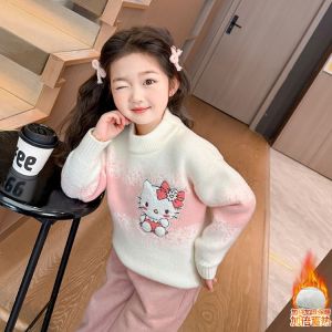 Thickened Embroidered Cat Knitted Sweater round Neck Soft Polyester Fiber Childrens Clothes Cute Cartoon Style Knitwear
