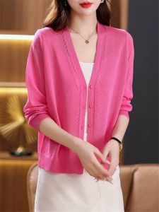 Summer Thin Ice Silk Knitted Open Cardigan Womens Skirt Strap Sun Protection Top Short Air Conditioner Shirt V-neck Nine Sleeve