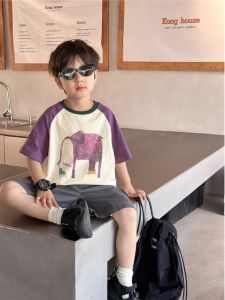 Children's Summer Short Sleeve T-Shirt: Color Block Shoulder Insertion Male Child Trendy Purple Top Sweat Absorbent Round Neck Elephant Pattern