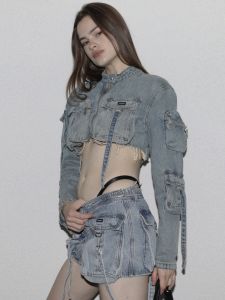 Badblood Denim Cargo Pants Mini Skirt Tops Jacket Heavy Industry Short Pocket Fashion