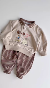 Set bộ dài tay bé trai áo polo cổ dệt Lucky Stories phối quần dài kẻ sọc 11 tới 28kg BERNIE H0426B31