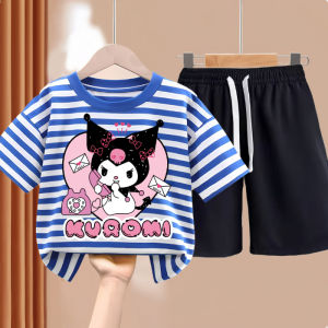 Fashionable Short Sleeve Striped Shorts Set for Girls Summer Clothing Two Piece Suit Korean Style Cotton Polyester Blend