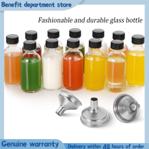 12 Very Useful Covered Glass Bottles and 3 Funnels - 60Ml Bottles, 2-Ounce Transparent Glass Bottles for Storing Juice, Ginger, Whisky, Grains, Medicines, etc.