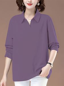 Pure Cotton Casual Slim Looking K-style Loose Tops Womens Autumn New Arrival Plus Size Fashion All-Match Lapel Long Sleeves T-shirt