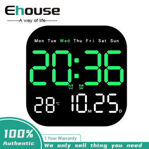 Ehouse kỹ thuật số LED Đồng hồ treo tường màn hình lớn thời gian nhiệt độ Ngày hiển thị tuần hẹn giờ điều khiển từ xa điều chỉnh độ sáng đồng hồ báo thức trang trí nhà