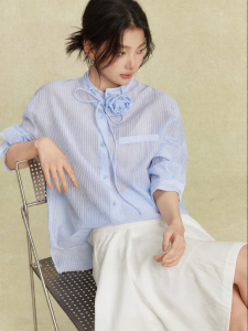 SUSHE | French Retro Loose Thin Stripe Blue Blouse