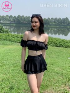 Đồ bơi nữ bikini hai mảnh trễ vai chân váy mặc được 2 kiểu đồ đi biển bikini kín đáo
