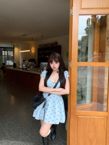 Stupid Sweet Sweet Cycle Heart Blue Bows Floral Lace Waist-Tight Dress Female Summer New Arrival