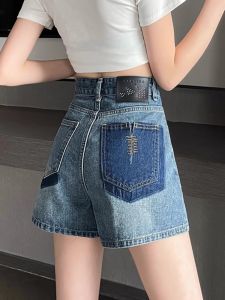 High Waist A-Line Loose Fit Short Jeans Women Summer Thin Denim Shorts Color Block Design Versatile Casual High Waist Shorts