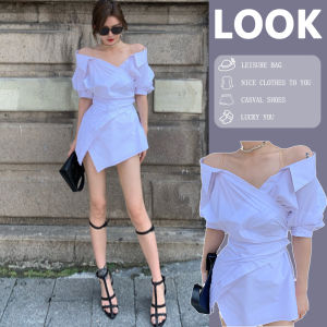 Váy Sơ Mi Hở Vai Màu Trắng Kiểu Pháp Cho Nữ Mùa Hè Thiết Kế Nhỏ Cao Cấp Váy Ngắn Bó Eo Thon Gọn Gợi Cảm