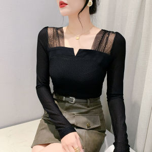 Yimei in thời trang Áo Thun cơ bản cho phụ nữ trong mùa xuân và mùa thu với một cảm giác thiết kế của Rhinestone Áo lưới phong cách và giảm béo Dài tay vuông cổ T-Shirt hợp thời trang