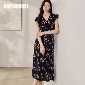 Roey s house | French Print V-neck Flutter Sleeve Slim Fit Mid Length Dress