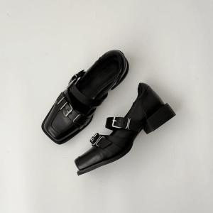 Punk Style Mary Jane Shoes Womens Spring New Thick Heel French Head Buckle Leather Version Flat Mouth Small Leather Shoes