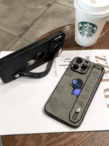 CrashStar Funny Laser Crayon Shin Chan Leather Wristband Phone Case For iPhone 16 15 14 Pro Max Plus 13 12 11 Pro Max Cute Cartoon Shockproof Phone Cover Fashion Anti-sweat Phone Casing With Holder Stand