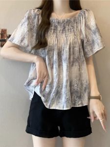 WANGGONGZHU | French Collar Tie Dye Slimming Short Sleeve Womens Chiffon Shirt Summer Fashion Top Korean Style Loose Fit Commute Wear