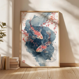 Two Koi Fish Watercolor Wall Print Decor - Traditional Japanese Ink Wash Painting of Colorful Koi Fish Swimming with Cherry Blos