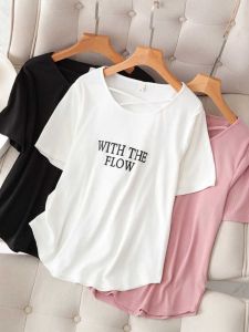 เสื้อยืดแขนสั้นลายตัวอักษรไซส์ใหญ่ คอกลม ทรงหลวม ผ้าโพลีเอสเตอร์ แฟชั่นเกาหลี สำหรับผู้หญิง
