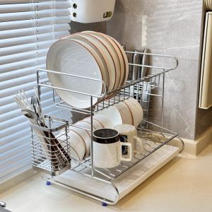 ชั้นวางจานและชามในครัวแบบสแตนเลส 304 แบบเรียบง่ายและโมเดิร์น ไม่ต้องเจาะรู อุปกรณ์จัดระเบียบในครัว