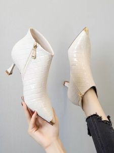 Red Fleece Lined Slim Booties Womens Fashion Boots Metal Toe High Heels Wedding Shoes Short PU Leather Booties Side Zipper