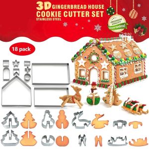 Gingerbread House Cookie Cutter Set Stainless Steel 3D Christmas House Fondant Biscuit Chocolate DIY Moulds  Baking  Accessories