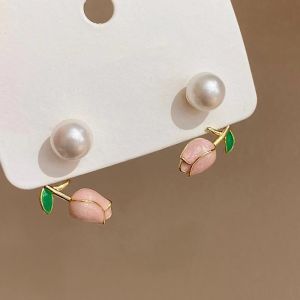 Natasia. Korean Fashion Tulip Pearl Stud Earrings for Women Elegant Pink Flower Earring Accessories Jewelry #EE1006