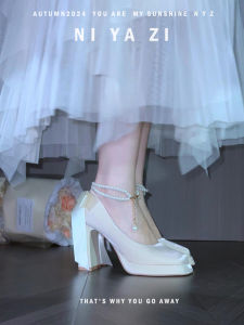 แชมเปญ ผ้าซาติน แพลตฟอร์มกันน้ํา Mary Janes ผู้หญิง รองเท้าแต่งงานเทพนิยาย 7 ซม. แม่บ้านรองเท้าส้นสูงส้นหนา ทันสมัย