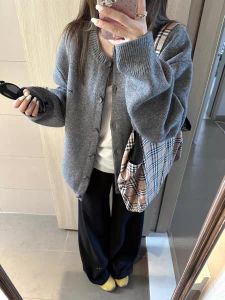 Gray Knitted Open Cardigan Womens Loose Style Spring Autumn Korean Lazy Fashion Outerwear Long Sleeve round Neck Button up