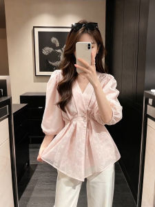XUECAIQI | New Summer Style Lace Waist-accentuating Graceful Pink Puff-sleeve Shirt