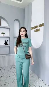 Bộ Nữ Tăm Lạnh Quần Suông + Áo Tay Ngắn Cổ Tròn Phối Chữ Bigsize 45-75kg