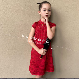 Original Childrens Cheongsam Dress Red Acetate Embroidery Retro National Style Little Girl Hanfu Skirt Summer Season Kids Clothing