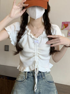 Áo Thun Nữ Tay Ngắn Cổ Chữ V Màu Trơn Mùa Hè Mới Thiết Kế Dây Rút Hở Bụng Cổ Tay Áo Ren Phong Cách Ngọt Ngào