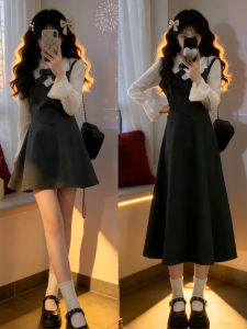PEIZIXUAN | French Style Faux Layered Grey Dress Petite Waist Accentuated
