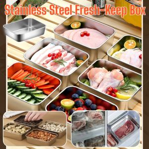 Stainless Steel Fresh-Keep Box With Lid Lunch Box Vegetable Meat Fruit Fresh-Keep Box Refrigerator Storage Organizer Container