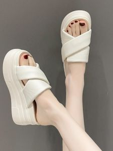 Womens Outdoor Wear Thick Heel Platform Slippers Summer Fashion High Heel Sandals Comfortable Cushioning PU Slip-On Slippers